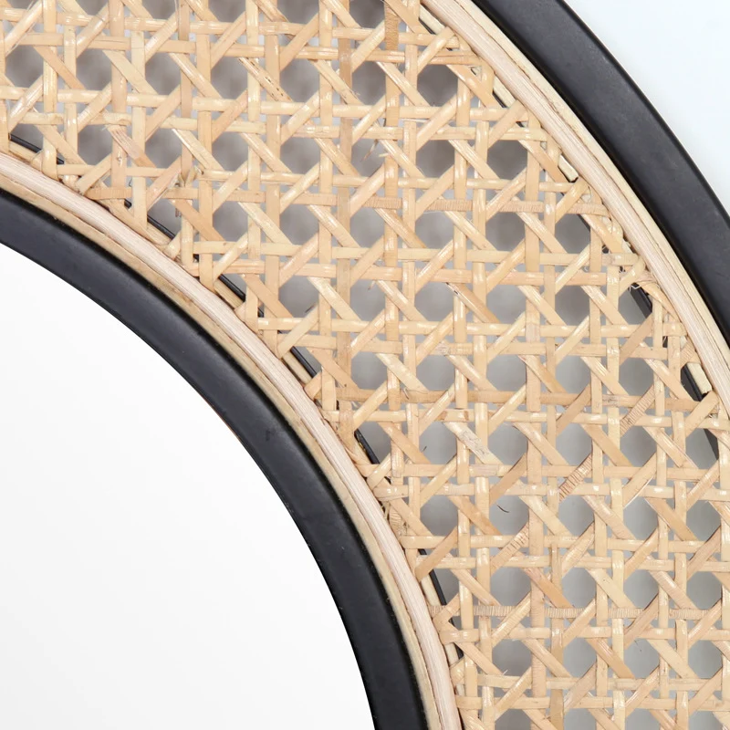 Contemporary Iron & Natural Rattan Round Wall Mirror - Nordic Functional Art Piece & Sizes Available For Living Room