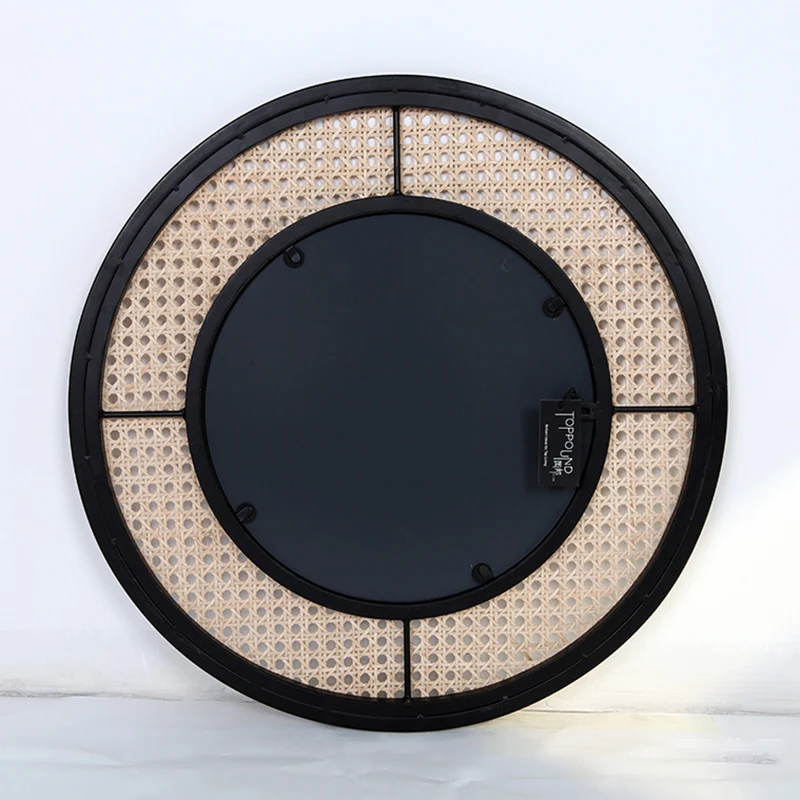 Contemporary Iron & Natural Rattan Round Wall Mirror - Nordic Functional Art Piece & Sizes Available For Living Room