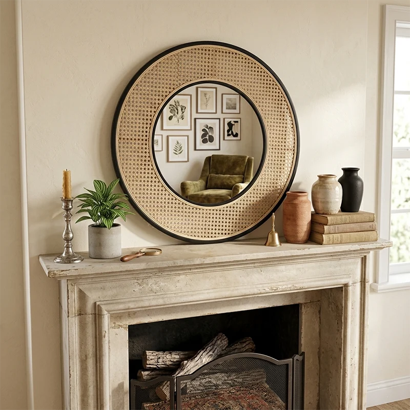 Contemporary Iron & Natural Rattan Round Wall Mirror - Nordic Functional Art Piece & Sizes Available For Living Room