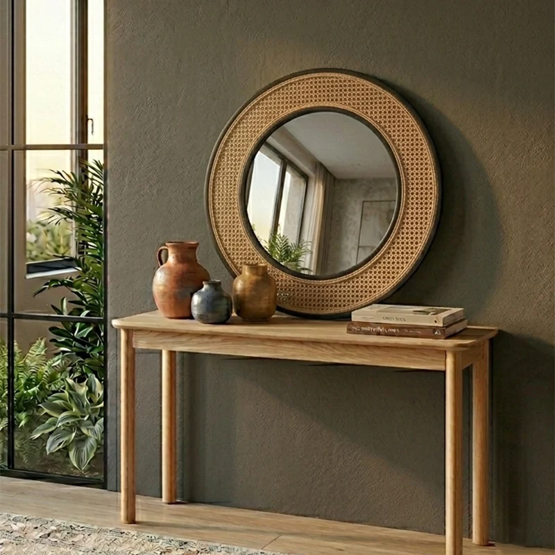 Contemporary Iron & Natural Rattan Round Wall Mirror - Nordic Functional Art Piece & Sizes Available For Living Room