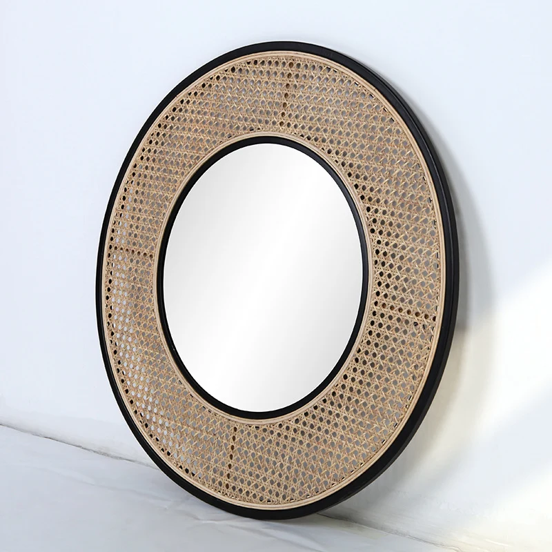 Contemporary Iron & Natural Rattan Round Wall Mirror - Nordic Functional Art Piece & Sizes Available For Living Room