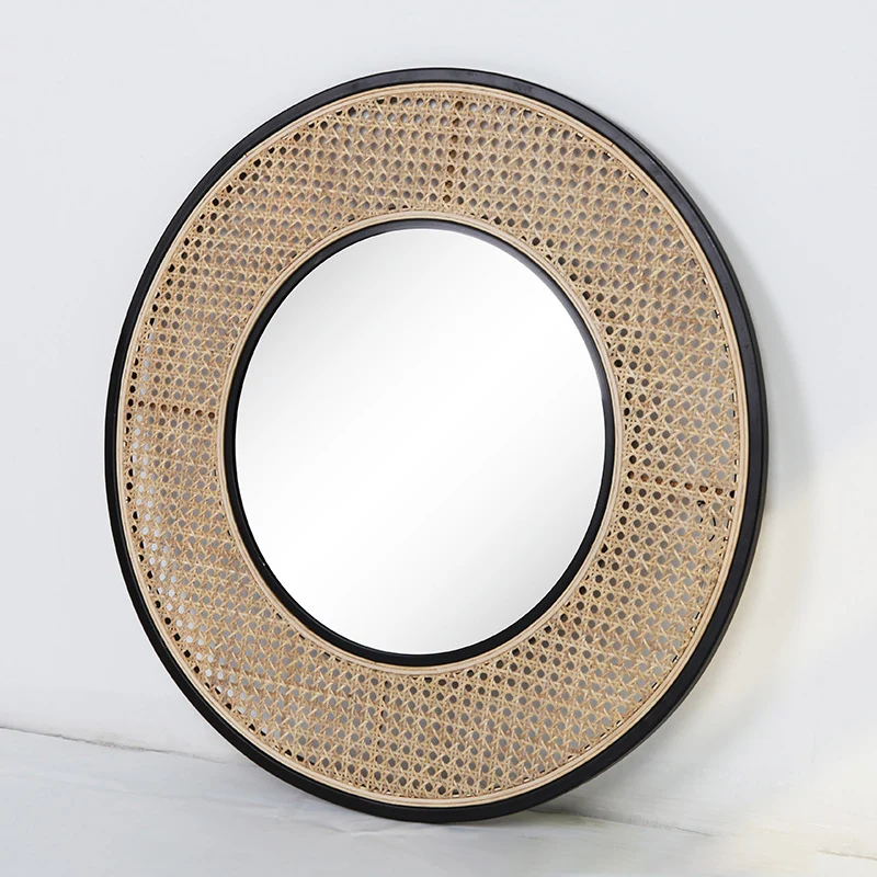 Contemporary Iron & Natural Rattan Round Wall Mirror - Nordic Functional Art Piece & Sizes Available For Living Room
