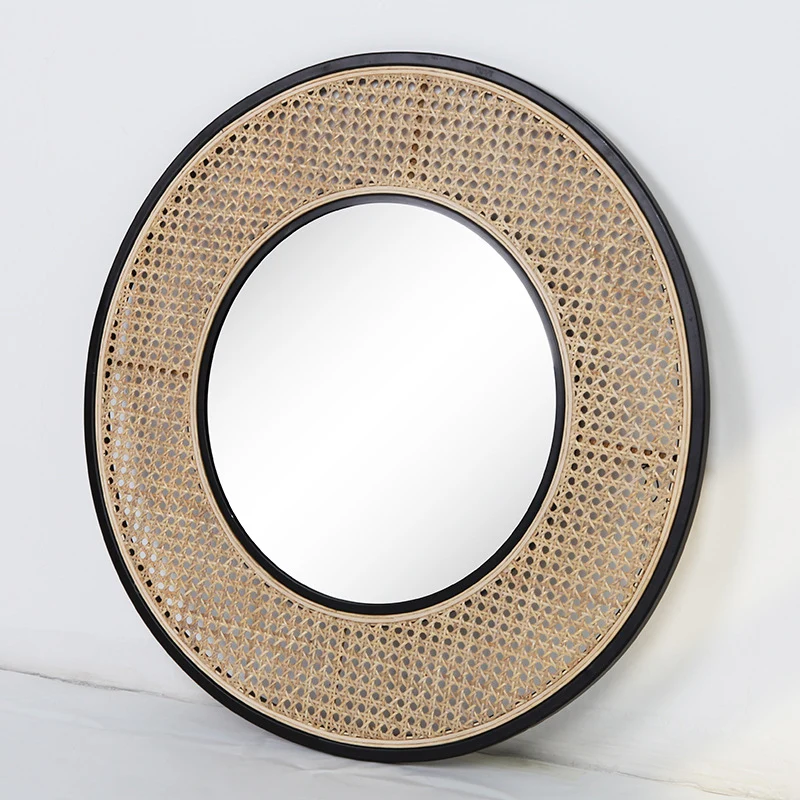 Contemporary Iron & Natural Rattan Round Wall Mirror - Nordic Functional Art Piece & Sizes Available For Living Room