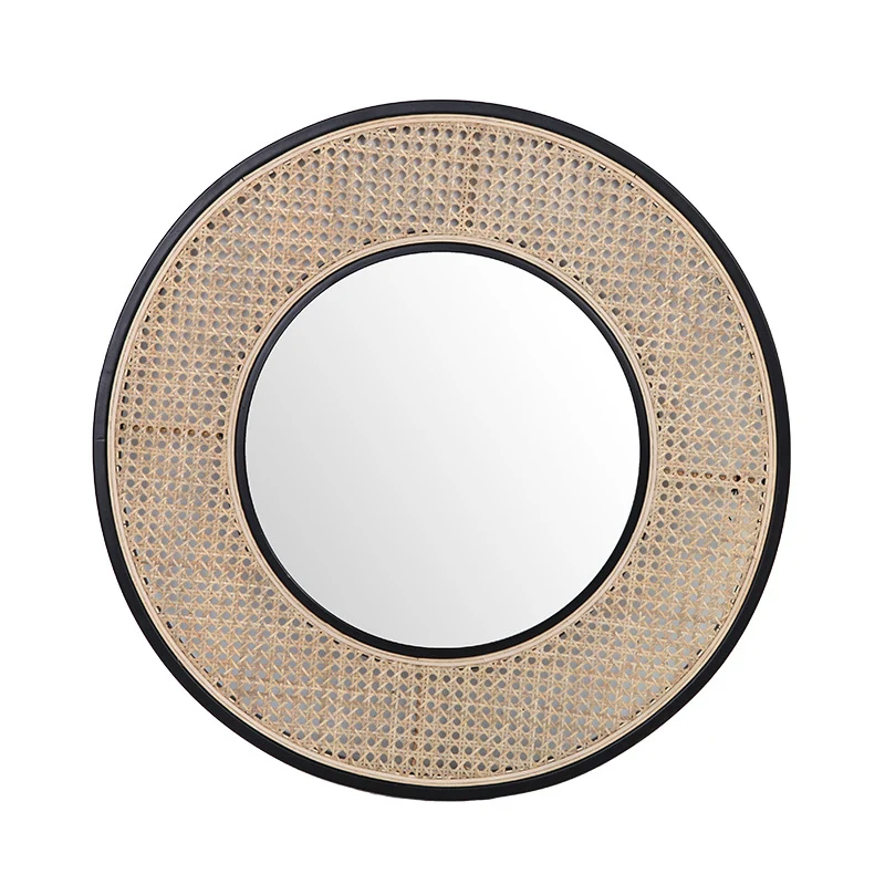 Contemporary Iron & Natural Rattan Round Wall Mirror - Nordic Functional Art Piece & Sizes Available For Living Room