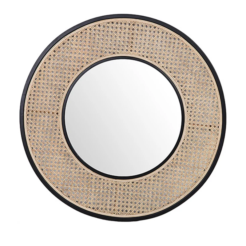Contemporary Iron & Natural Rattan Round Wall Mirror - Nordic Functional Art Piece & Sizes Available For Living Room