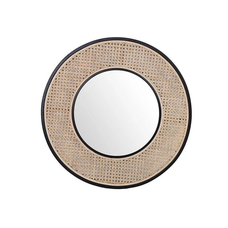 Contemporary Iron & Natural Rattan Round Wall Mirror - Nordic Functional Art Piece & Sizes Available For Living Room