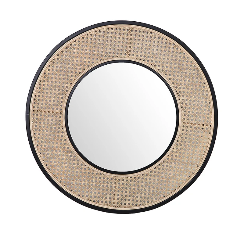 Contemporary Iron & Natural Rattan Round Wall Mirror - Nordic Functional Art Piece & Sizes Available For Living Room