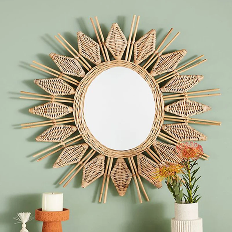 Handmade Natural Rattan Round Wall Mirror - Boho Eco-Friendly Wall Art Mirror For Living Room