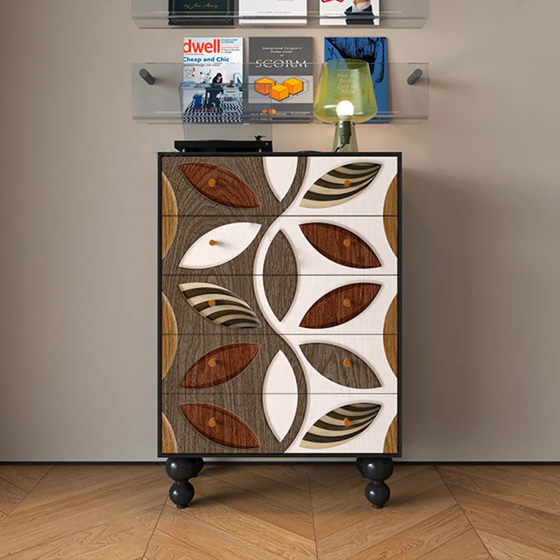 Contemporary Creative Solid Wood Artistic Storage Cabinet With Carved Drawer Fronts, 5-Drawer For Living Room