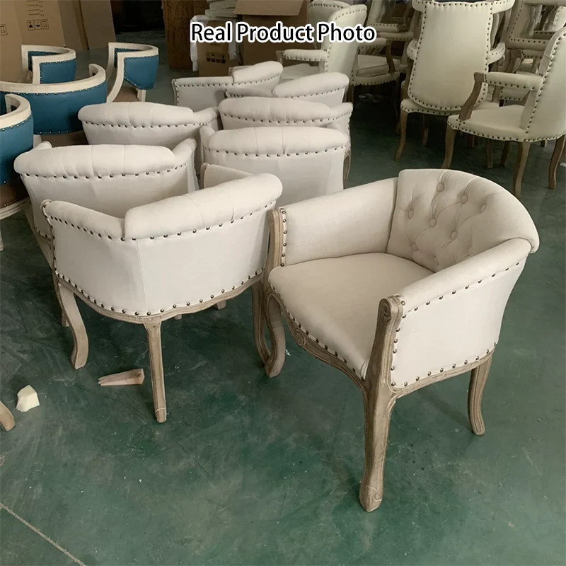 Traditional French Rubberwood & Linen Fabric Upholstered Accent Chair With Armrests And Backrest For Living Room