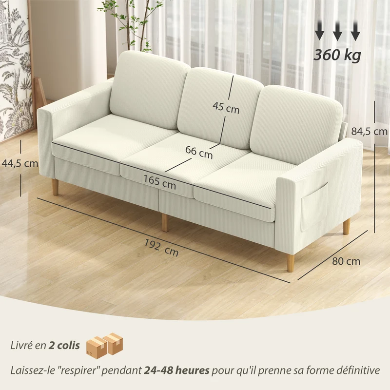 Canapé 3 places 192 x 80 x 84.5 cm assise rembourrée haute densité coussins moelleux moderne en velours côtelé beige 21_0003527