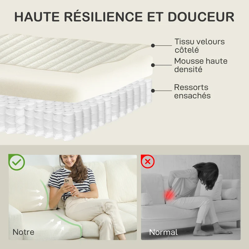 Canapé 3 places 192 x 80 x 84.5 cm assise rembourrée haute densité coussins moelleux moderne en velours côtelé beige 21_0003527