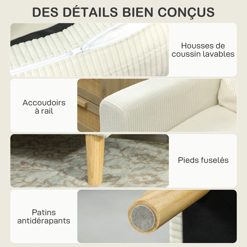 Canapé 3 places 192 x 80 x 84.5 cm assise rembourrée haute densité coussins moelleux moderne en velours côtelé beige 21_0003527