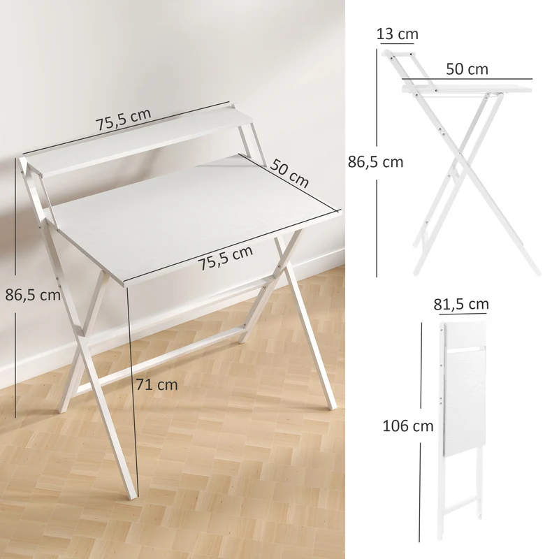 Bureau pliable gain de place 81,5 x 62 x 86,5 cm se replie pour rangement étagère moniteur moderne épuré en MDF blanc 21_0002529