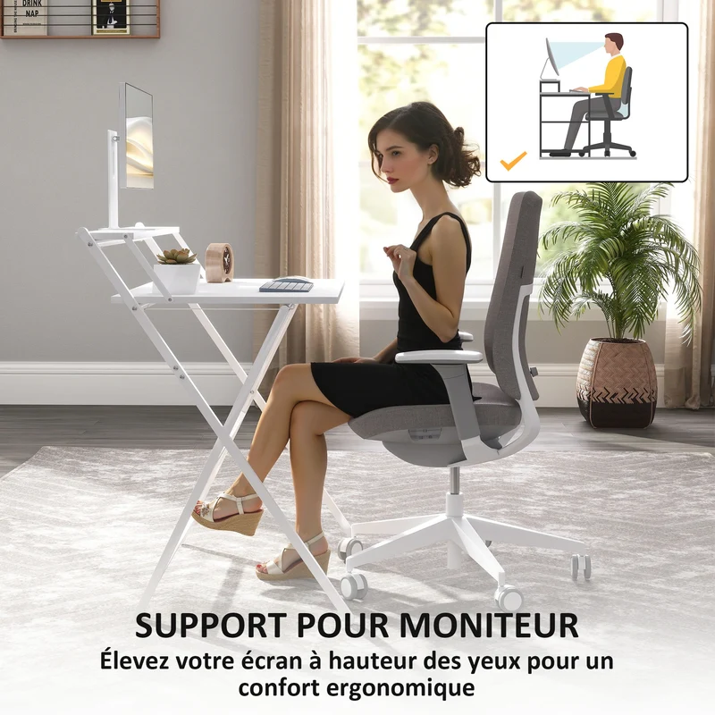 Bureau pliable gain de place 81,5 x 62 x 86,5 cm se replie pour rangement étagère moniteur moderne épuré en MDF blanc 21_0002529