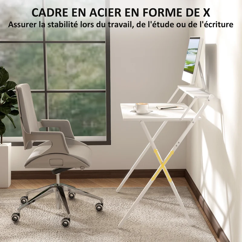 Bureau pliable gain de place 81,5 x 62 x 86,5 cm se replie pour rangement étagère moniteur moderne épuré en MDF blanc 21_0002529
