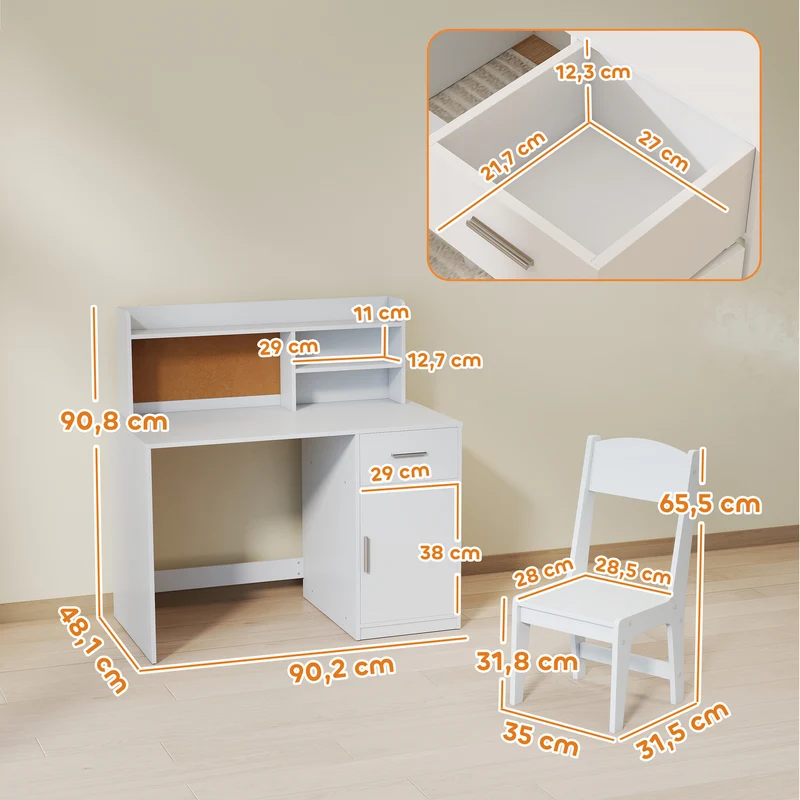Bureau enfant avec chaise rangement tiroir et armoire 90,2 x 48,1 x 90,8 cm gain ergonomique scandinave en MDF blanc 21_0000236