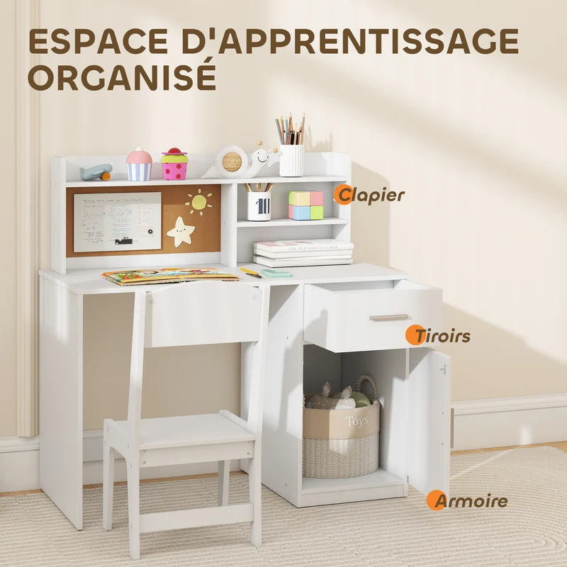 Bureau enfant avec chaise rangement tiroir et armoire 90,2 x 48,1 x 90,8 cm gain ergonomique scandinave en MDF blanc 21_0000236