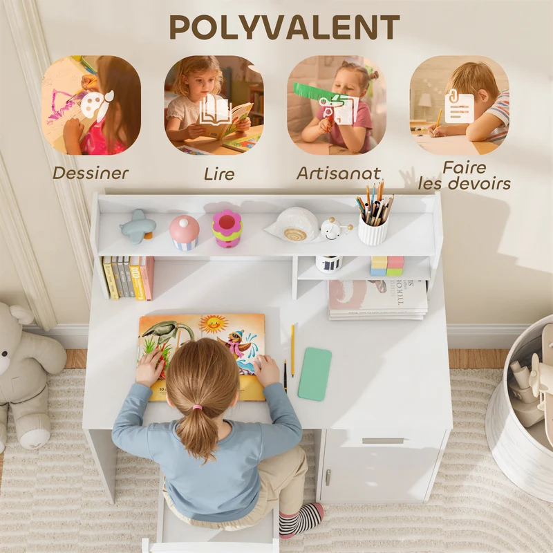 Bureau enfant avec chaise rangement tiroir et armoire 90,2 x 48,1 x 90,8 cm gain ergonomique scandinave en MDF blanc 21_0000236