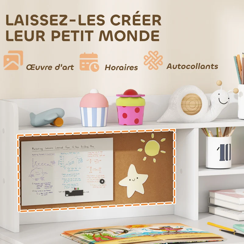 Bureau enfant avec chaise rangement tiroir et armoire 90,2 x 48,1 x 90,8 cm gain ergonomique scandinave en MDF blanc 21_0000236