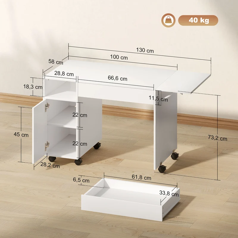 Bureau d'ordinateur pliable 130 x 58 x 73,2 cm rangement modulable roues à frein moderne en panneau de particules blanc 21_0002549