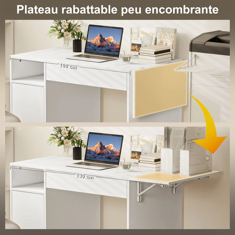 Bureau d'ordinateur pliable 130 x 58 x 73,2 cm rangement modulable roues à frein moderne en panneau de particules blanc 21_0002549