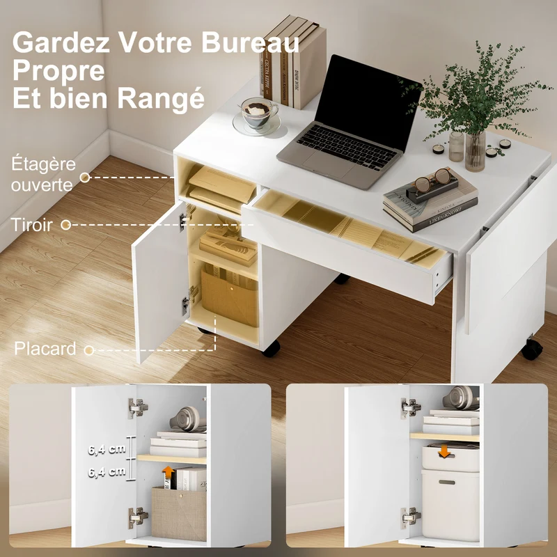Bureau d'ordinateur pliable 130 x 58 x 73,2 cm rangement modulable roues à frein moderne en panneau de particules blanc 21_0002549