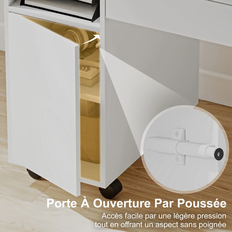 Bureau d'ordinateur pliable 130 x 58 x 73,2 cm rangement modulable roues à frein moderne en panneau de particules blanc 21_0002549