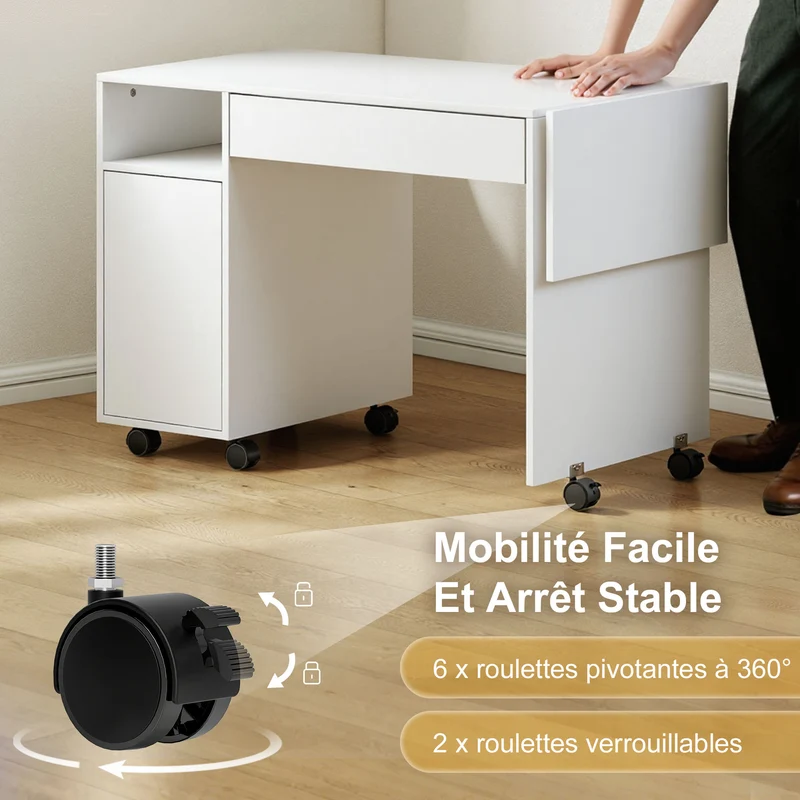 Bureau d'ordinateur pliable 130 x 58 x 73,2 cm rangement modulable roues à frein moderne en panneau de particules blanc 21_0002549