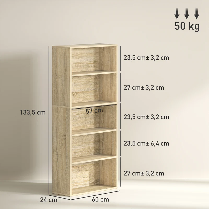 Bibliothèque 5 niveaux salon 60 x 24 x 133,5 cm réglable finition mate moderne en panneau de particules bois naturel 21_0002510