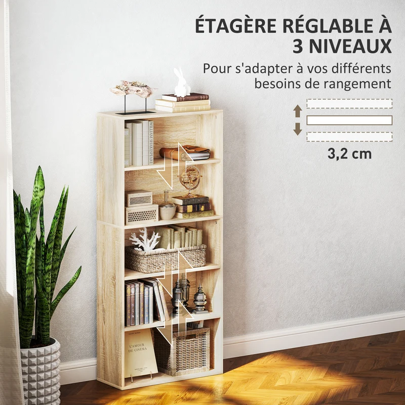 Bibliothèque 5 niveaux salon 60 x 24 x 133,5 cm réglable finition mate moderne en panneau de particules bois naturel 21_0002510