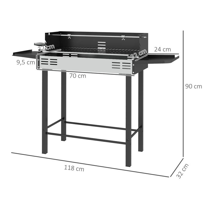 Barbecue au charbon jardin 118 x 32 x 90 cm rôtissoire 3 niveaux étagères pliables industriel en acier inoxydable noir 21_0004390