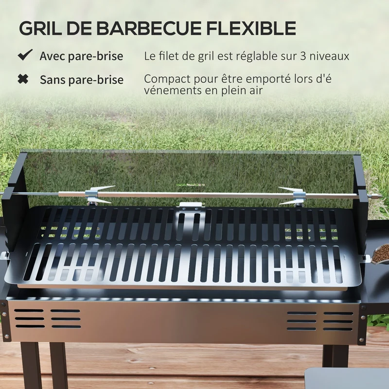 Barbecue au charbon jardin 118 x 32 x 90 cm rôtissoire 3 niveaux étagères pliables industriel en acier inoxydable noir 21_0004390