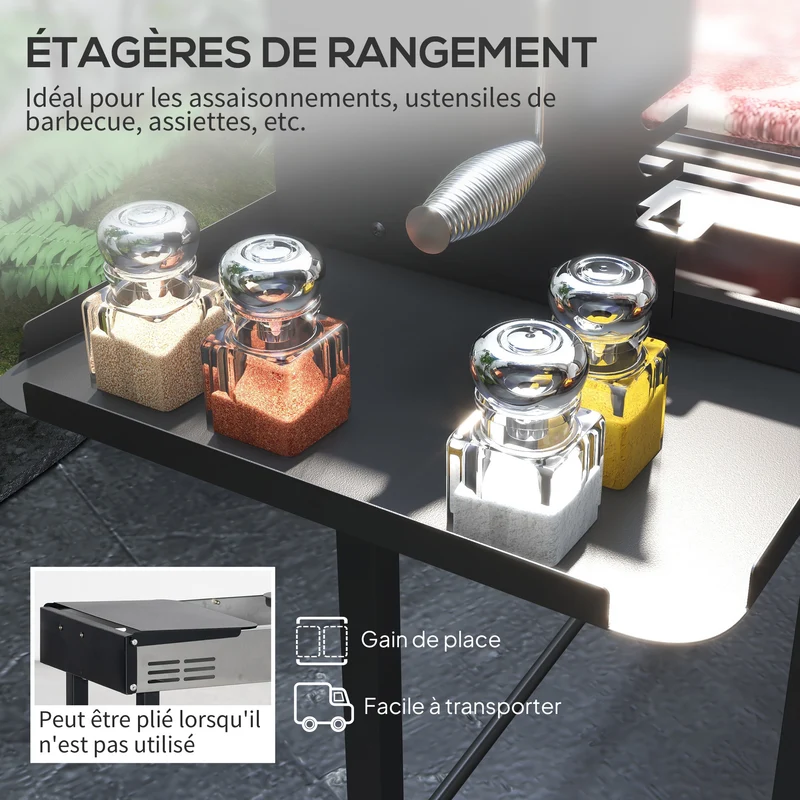 Barbecue au charbon jardin 118 x 32 x 90 cm rôtissoire 3 niveaux étagères pliables industriel en acier inoxydable noir 21_0004390
