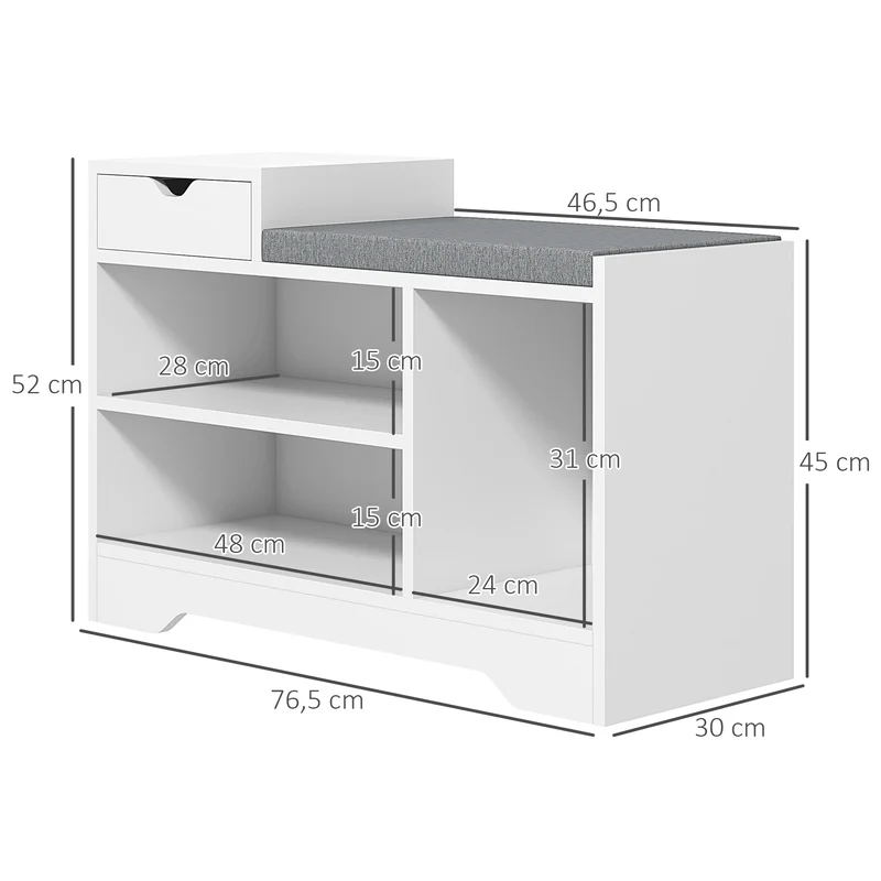 Banc d'entrée assise rembourrée 76.5 x 30 x 52 cm tiroir 3 compartiments confort utile contemporain épuré en MDF blanc 21_0002698