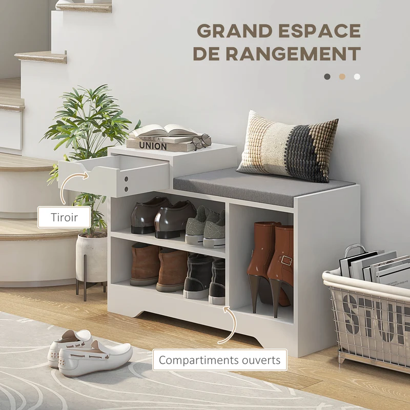 Banc d'entrée assise rembourrée 76.5 x 30 x 52 cm tiroir 3 compartiments confort utile contemporain épuré en MDF blanc 21_0002698