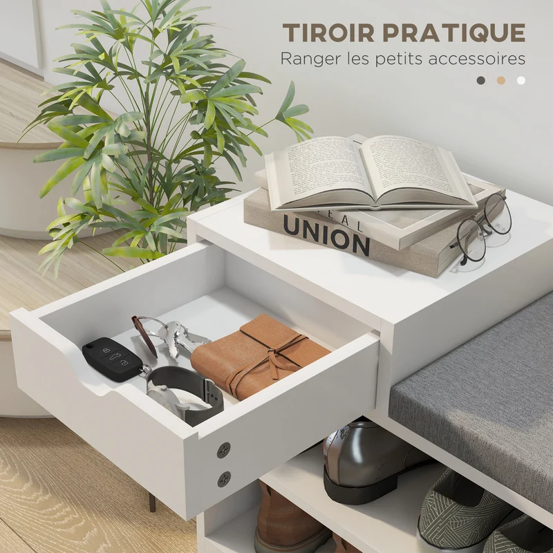 Banc d'entrée assise rembourrée 76.5 x 30 x 52 cm tiroir 3 compartiments confort utile contemporain épuré en MDF blanc 21_0002698