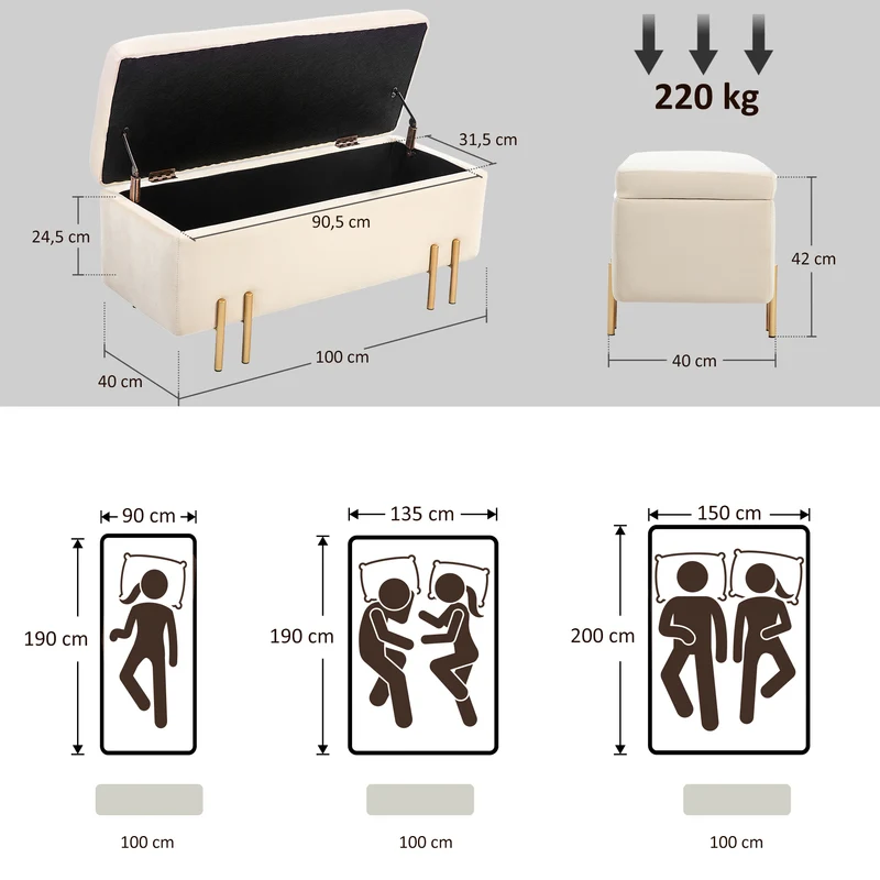 Banc coffre 100 x 40 x 42 cm rangement volumineux assise moelleuse contemporain scandinave entrée salon en velours beige 21_0002823