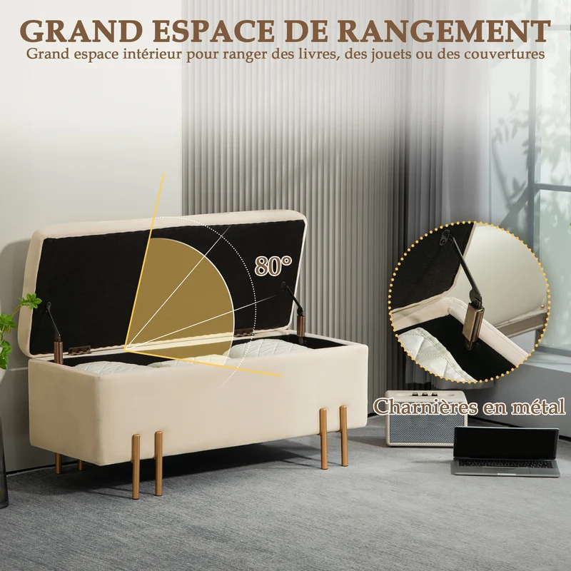 Banc coffre 100 x 40 x 42 cm rangement volumineux assise moelleuse contemporain scandinave entrée salon en velours beige 21_0002823