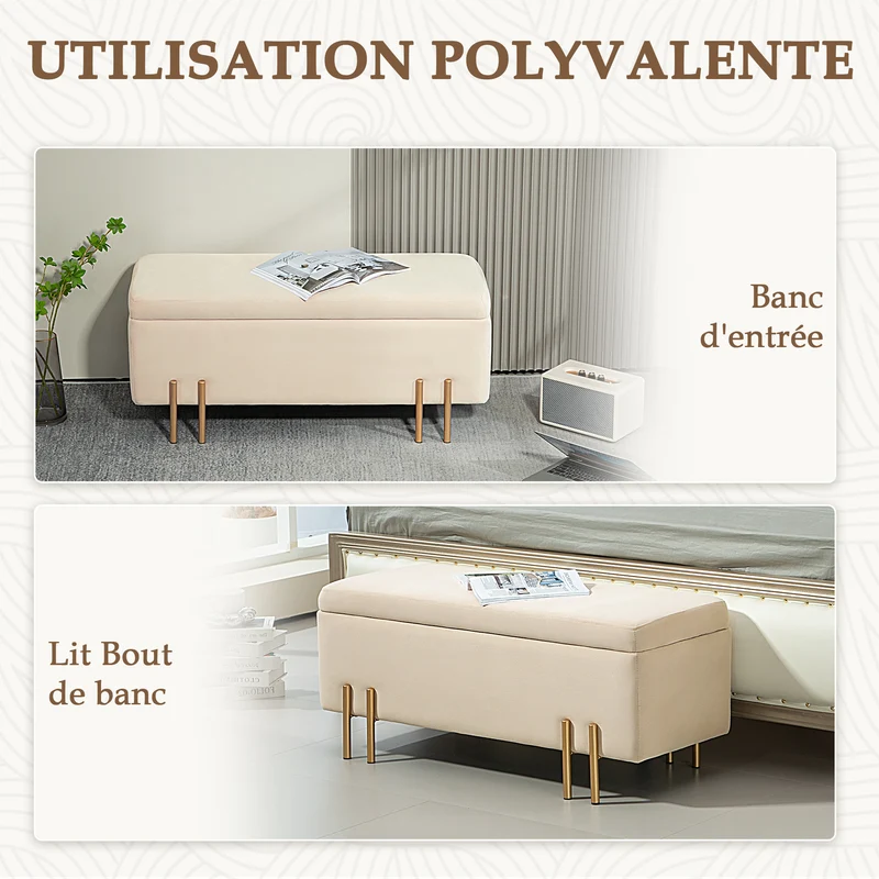 Banc coffre 100 x 40 x 42 cm rangement volumineux assise moelleuse contemporain scandinave entrée salon en velours beige 21_0002823