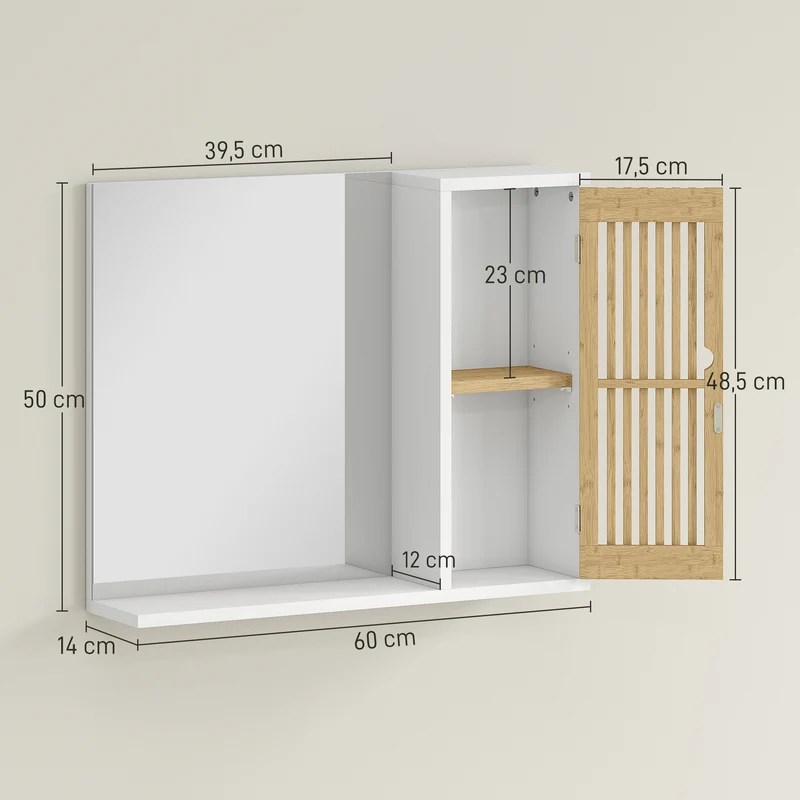Armoire de salle de bain murale 60 x 14 x 50 cm miroir anti-éclats étagère réglable scandinave épuré en bambou blanc 21_0002078