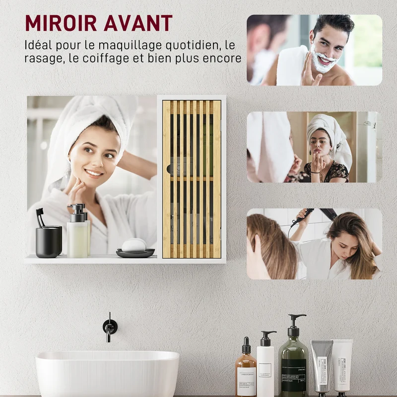 Armoire de salle de bain murale 60 x 14 x 50 cm miroir anti-éclats étagère réglable scandinave épuré en bambou blanc 21_0002078