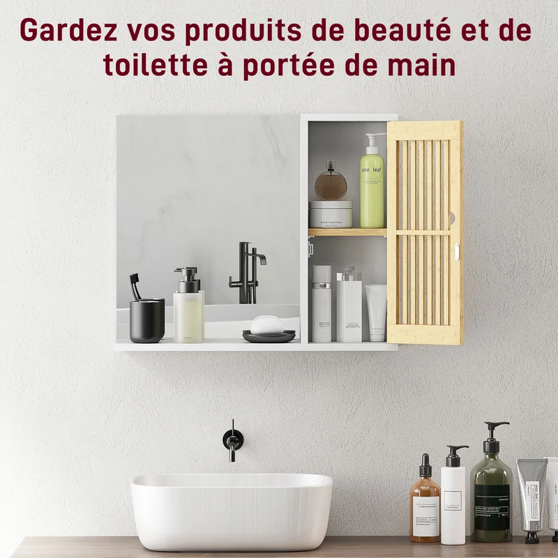 Armoire de salle de bain murale 60 x 14 x 50 cm miroir anti-éclats étagère réglable scandinave épuré en bambou blanc 21_0002078