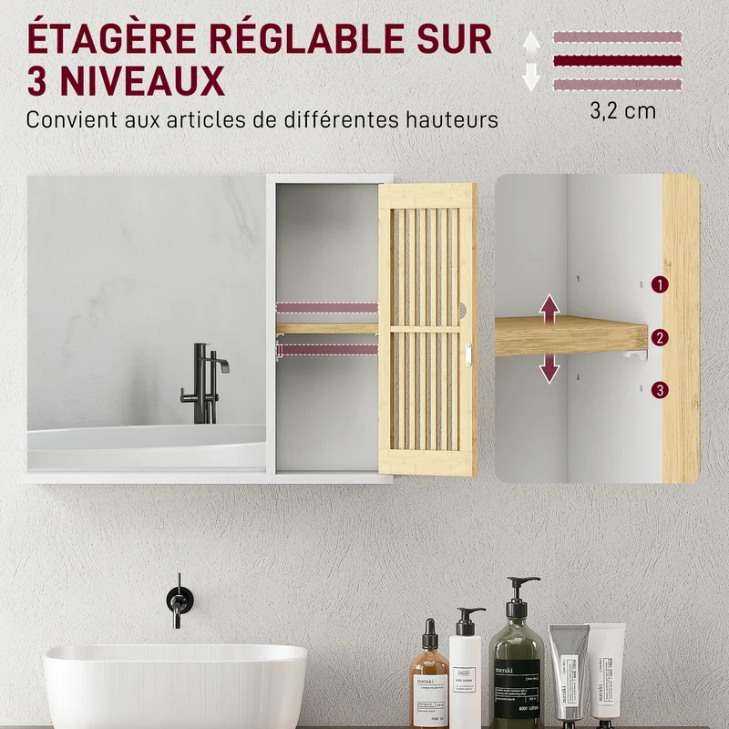 Armoire de salle de bain murale 60 x 14 x 50 cm miroir anti-éclats étagère réglable scandinave épuré en bambou blanc 21_0002078
