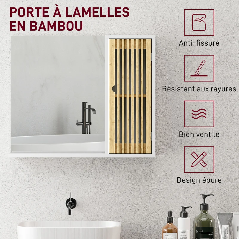 Armoire de salle de bain murale 60 x 14 x 50 cm miroir anti-éclats étagère réglable scandinave épuré en bambou blanc 21_0002078