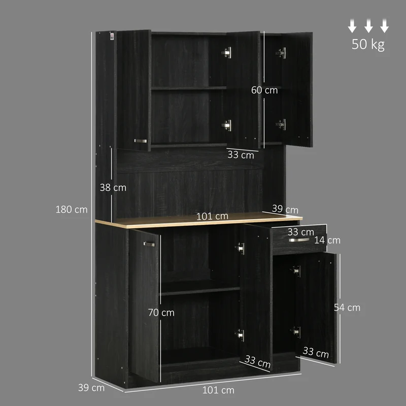 Armoire de cuisine 101 x 39 x 180 cm grand plateau et nombreux rangements contemporain en panneaux de particules noir 21_0000976