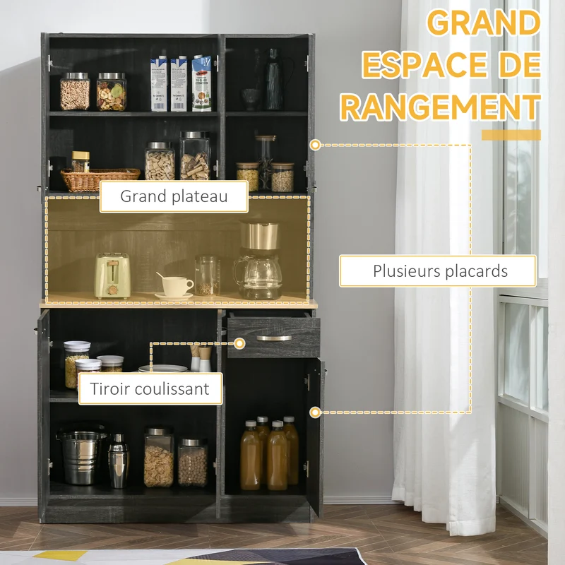 Armoire de cuisine 101 x 39 x 180 cm grand plateau et nombreux rangements contemporain en panneaux de particules noir 21_0000976