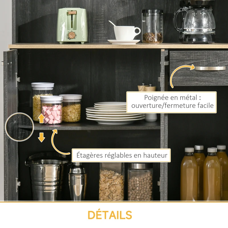Armoire de cuisine 101 x 39 x 180 cm grand plateau et nombreux rangements contemporain en panneaux de particules noir 21_0000976