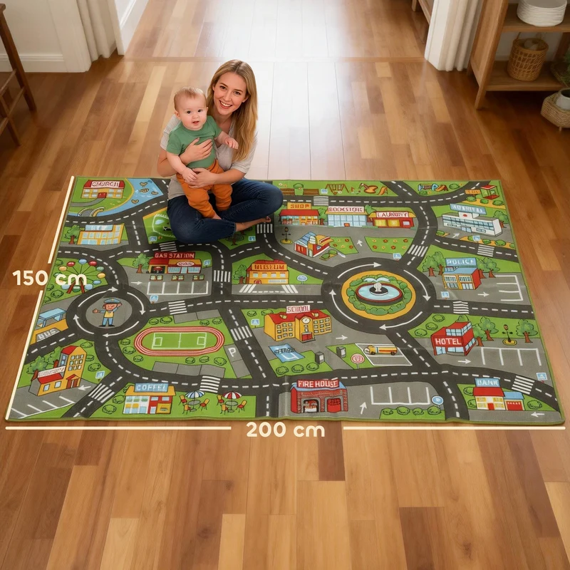 Tapis de jeu pour bébé double antidérapant 200 x 150 x 0.5 cm surface très douce design contemporain en polyester gris 21_0000758
