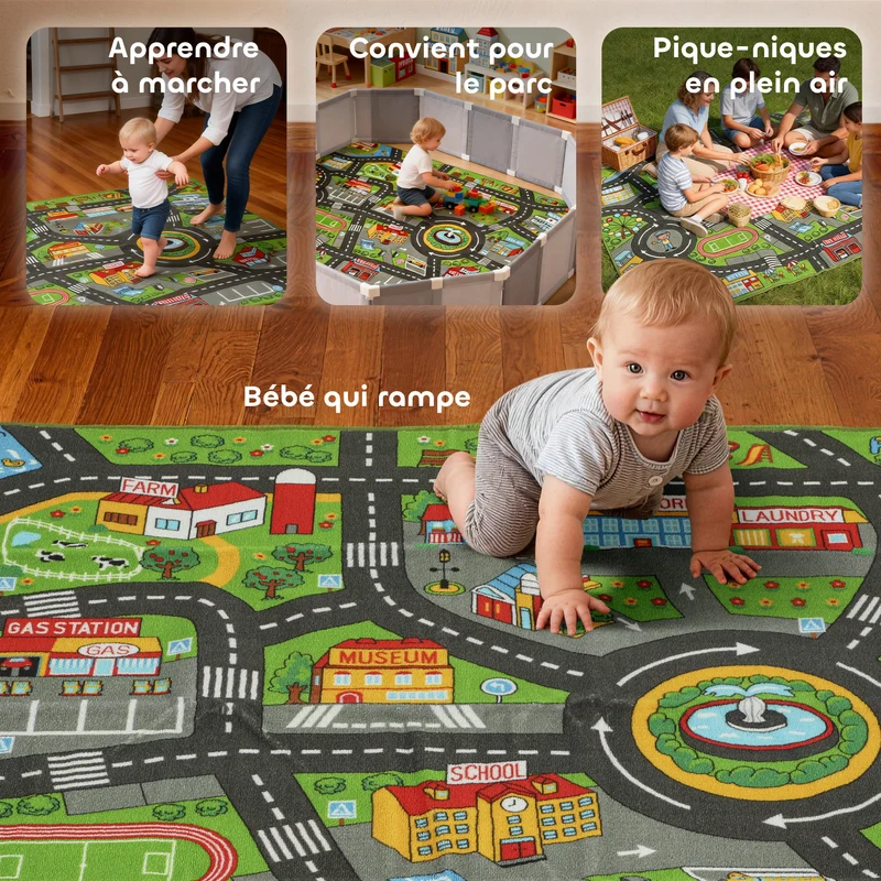 Tapis de jeu pour bébé double antidérapant 200 x 150 x 0.5 cm surface très douce design contemporain en polyester gris 21_0000758